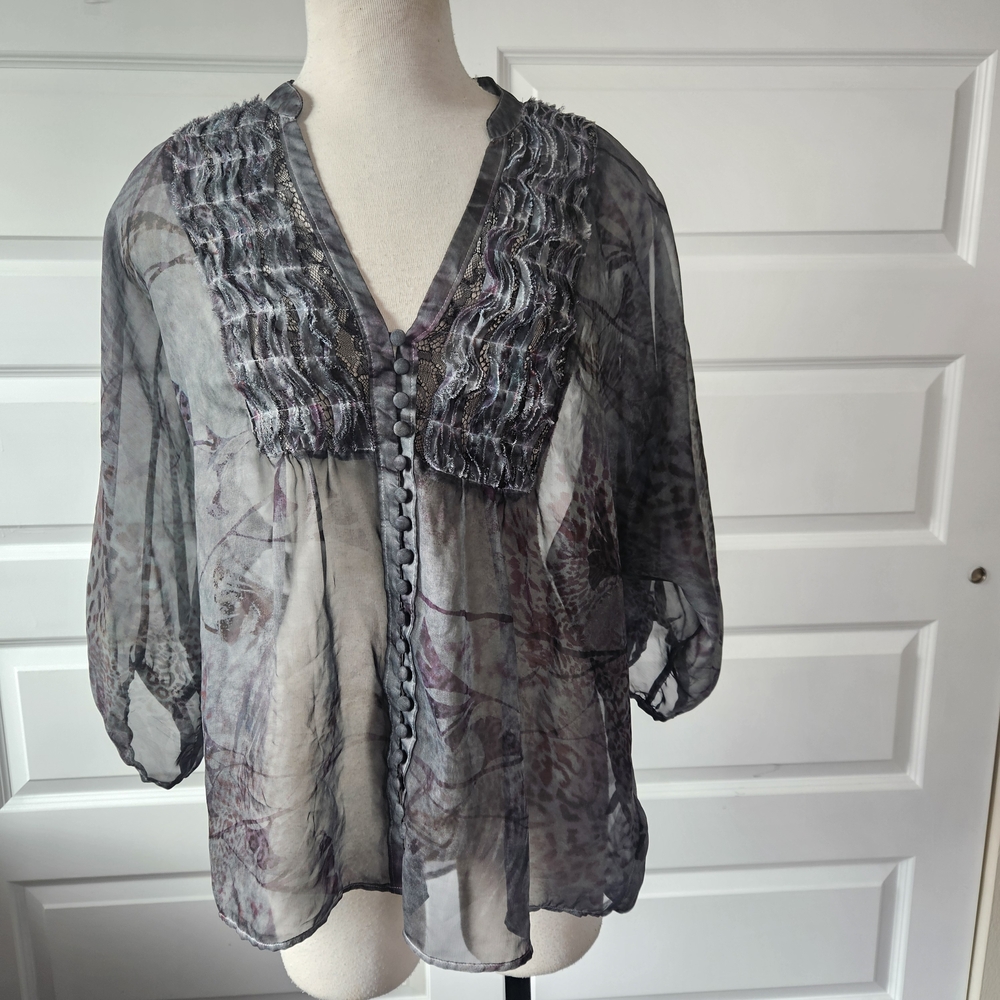 I Jeans by Buffalo Sheer Black Grey Patterned Button Blouse L